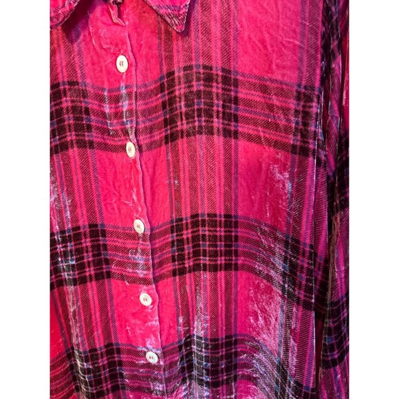 Surroundings Womens Pink Plaid‎ Button-Up Shirt PL Velvet Long Sleeve - Picture 2 of 4
